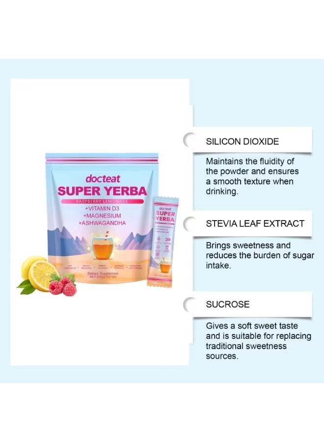 دوكتيت Docteat Super Mate Tea Raspberry Lemon Flavor - 30 كيس مشروب طاقة منخفض السكر يخفف من التعب وينشط ويمنع النعاس - مكمل غذائي غذائي - Image 4